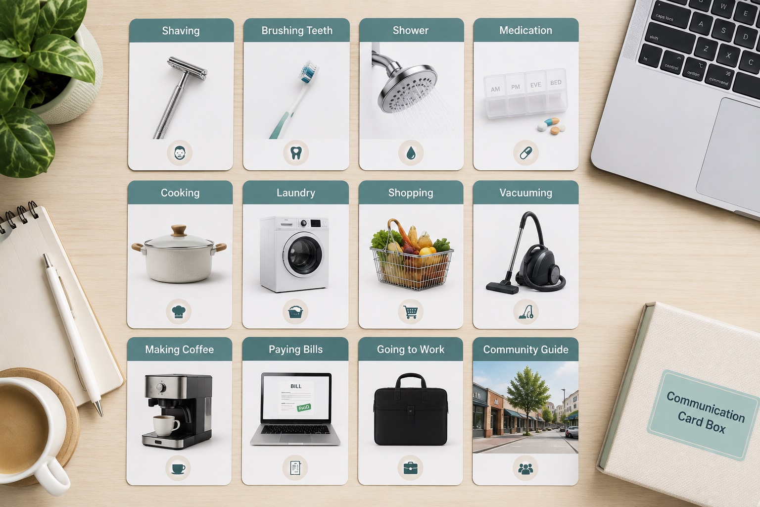 Visual card design examples showing self-care, household tasks and everyday activities