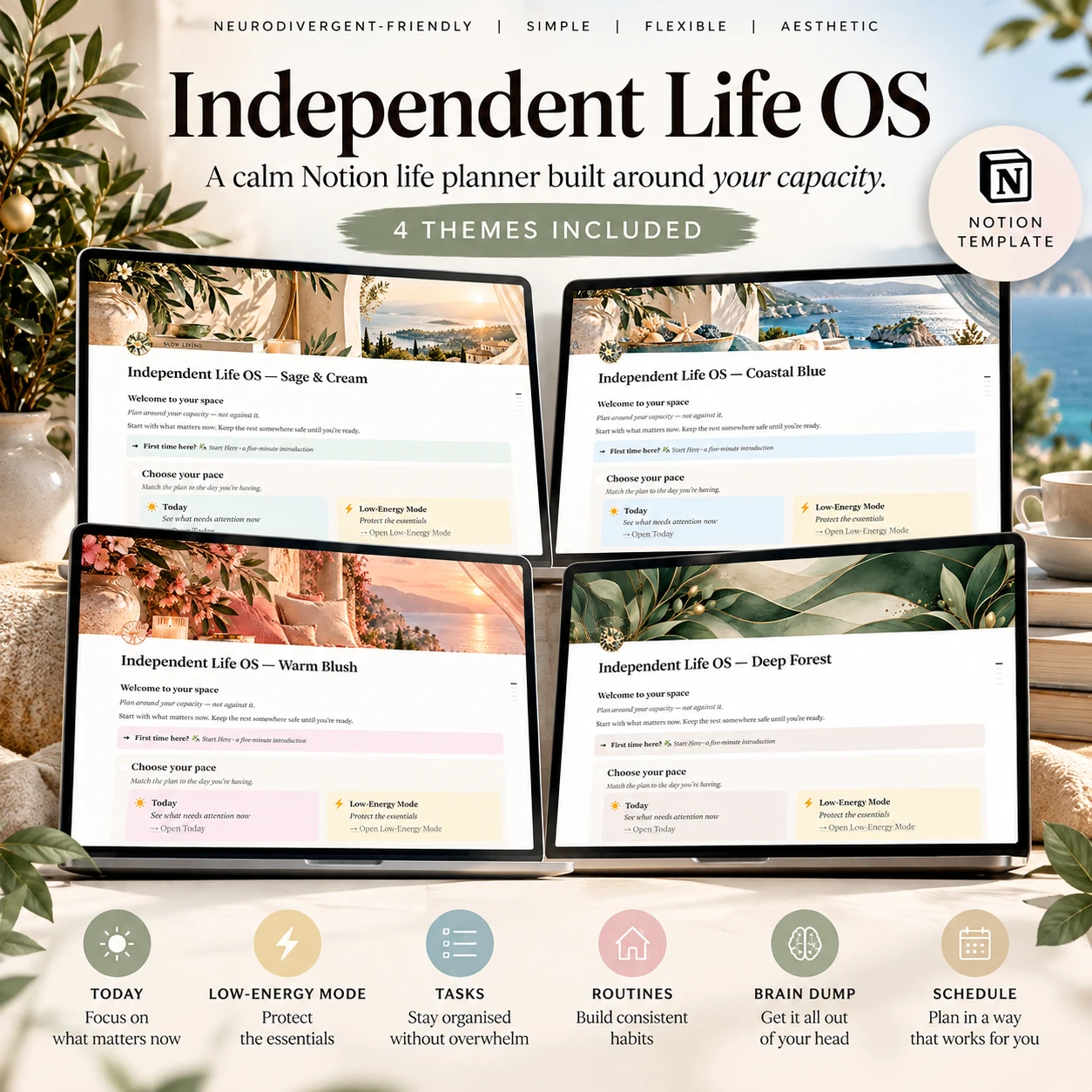 Independent Life OS four-theme Notion template