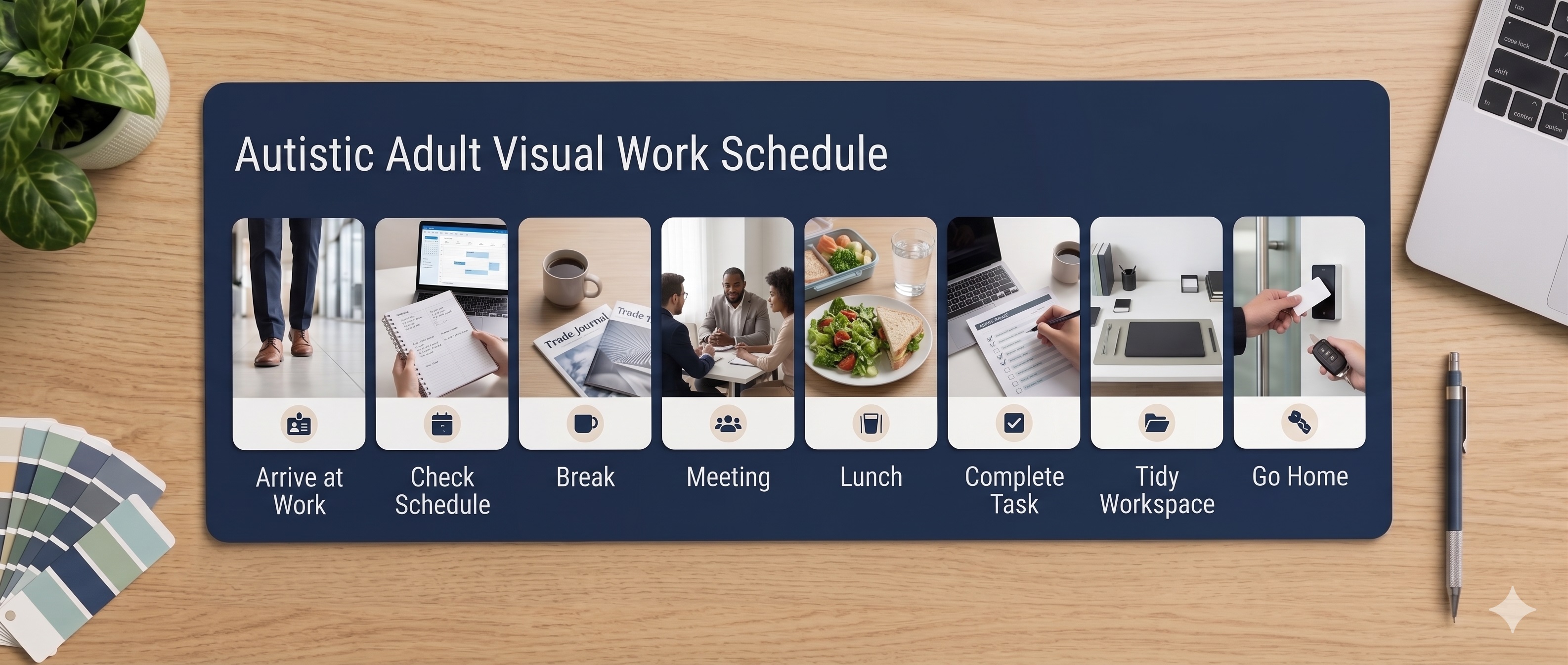 Example adult visual work schedule with tasks and breaks